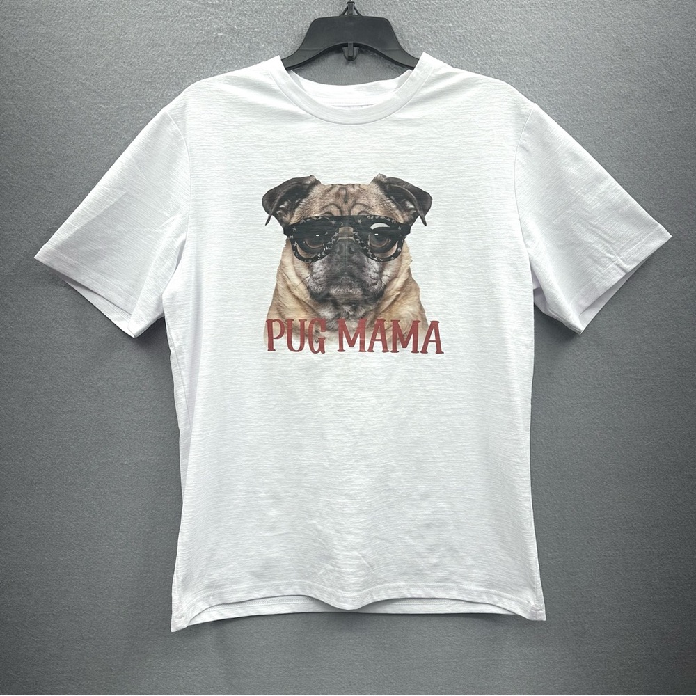 Pug Mama Tee T-shirt Womens M 100% Cotton White Dog Lover Short Sleeve Crew Neck